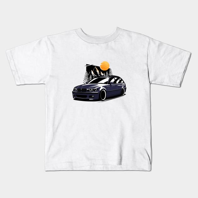 Blue E46 Touring Classic Mountains Kids T-Shirt by KaroCars